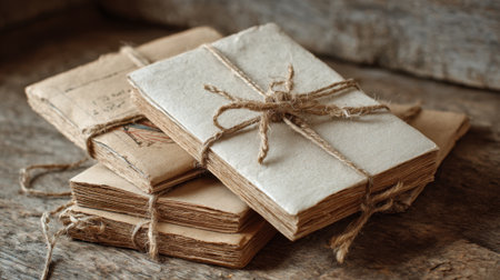 Old letters bundled with twine sit on a weathered wooden table creating a timeless feel.の素材
