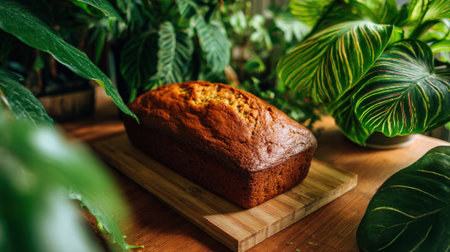 A delicious loaf of bread rests on a wooden board, surrounded by vibrant green plants. The baking scene creates a warm and inviting atmosphere in the kitchen.の素材
