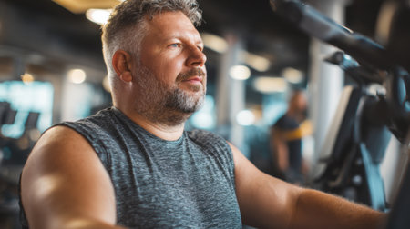 A man is focused on working out at a gym, using cardio equipment. The spacious space is filled with machines and has bright lighting, creating an energetic atmosphere.の素材