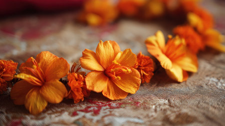 Vibrant orange flowers are artistically arranged in a garland on a beautifully patterned fabric.の素材