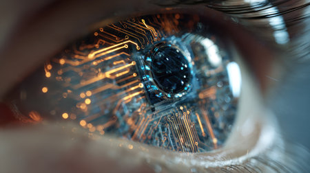 A close-up view focuses on a human eye featuring complex circuit patterns, illustrating the fusion of technology with organic elements, showing artistic innovation in visual design.の素材