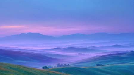 Soft hues of purple and blue blend in the sky while mist envelops the verdant hills creating tranquility.の素材