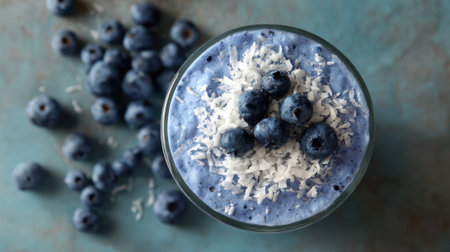 Creamy blueberry dessert topped with fresh blueberries and coconut flakes perfect for a sweet treat.の素材