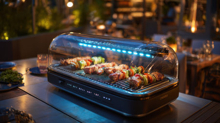 Skewers of meat and vegetables cook on a grill in a lively outdoor restaurant. Soft lighting enhances the warm atmosphere during an evening gathering.の素材