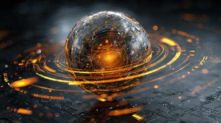 A luminous orb floats above a dark surface radiating vibrant orange lines and intricate designs around it.の素材