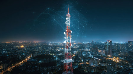 A communications tower, lit in red and white, rises above a bustling city at night. The skyline is dotted with lights, highlighting the modern urban environment and technology.の素材