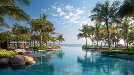 Tropical resort features a stunning infinity pool surrounded by lush greenery and palm trees.の素材