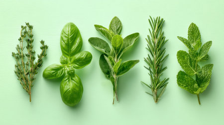 Various fresh herbs are displayed in a neat row highlighting their vibrant colors and textures.の素材