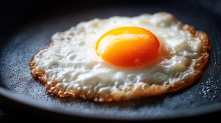 A sunny-side-up egg is frying in a black skillet, its vibrant yolk shining bright. The kitchen has warm light, creating a cozy morning atmosphere.の素材