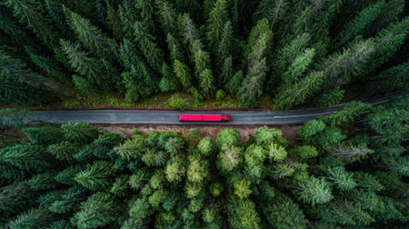 A vibrant red truck drives on a winding road surrounded by tall lush trees in summer.の素材