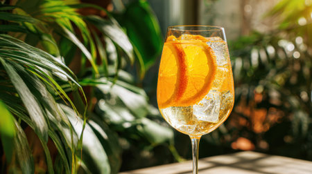 A vibrant drink with orange slices sits on a table illuminated by warm sunlight amidst greenery.の素材