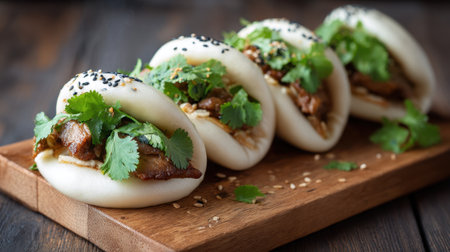 Soft bao buns are filled with savory pork and fresh herbs beautifully arranged on a wooden platter.の素材