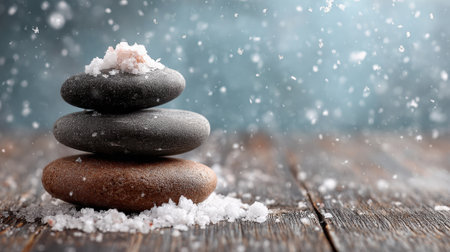 Snow blankets three carefully arranged stones while salt crystals add texture to the scene.の素材