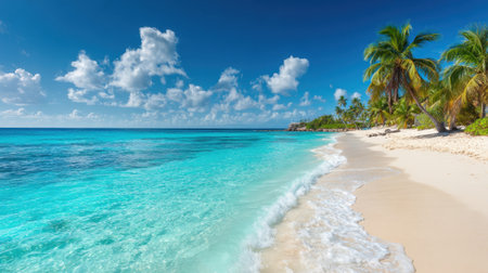 A scenic view of a tropical beach featuring soft white sand and vibrant turquoise water. Palm trees sway gently against a backdrop of fluffy clouds and a bright blue sky.の素材
