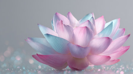 A stunning lotus flower opens gracefully displaying delicate petals in pastel hues on a sparkly surface.の素材