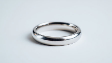Silver wedding band lies gracefully on a clean surface highlighting its round and smooth form.の素材