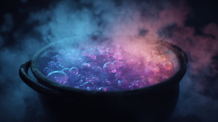 A cauldron filled with a colorful potion emits vibrant bubbles and swirling smoke. The scene captures a magical atmosphere, suggesting an enchanting process of potion-making.の素材