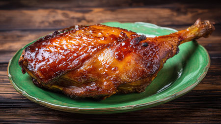 A beautifully roasted chicken leg is served on a vibrant green plate glistening under soft light.の素材