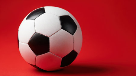 A classic black and white soccer ball rests on a bold red surface showing its distinctive design and texture.の素材