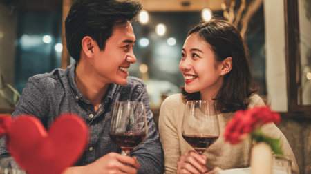 Two people share a joyful moment gazing into each others eyes while enjoying wine at dinner.の素材