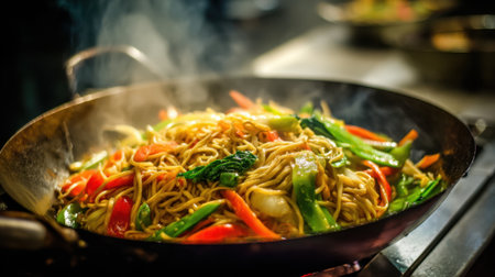 Colorful vegetables and noodles sizzle in a hot wok filling the kitchen with enticing aromas.の素材