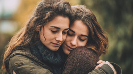 Two young women stand close together, embracing each other warmly in a park as autumn leaves surround them. Their expressions convey comfort and friendship, highlighting a tender moment.の素材