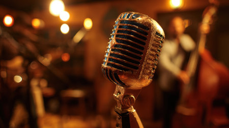 A close-up view of a vintage microphone, sparkling in warm light, as a jazz musician plays double bass in the background during a live show.の素材