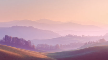 Soft pastel colors blend in the sky as morning light casts a calming glow over the hills.の素材