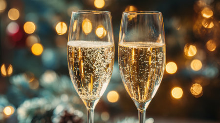 Two elegant flutes filled with sparkling drinks sit on a table, surrounded by festive decorations. The warm glow from the bokeh lights creates a joyful atmosphere perfect for celebration.の素材