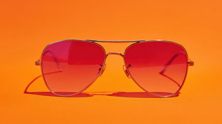 A pair of stylish sunglasses rests on an orange backdrop reflecting summer vibes with bold colors.の素材