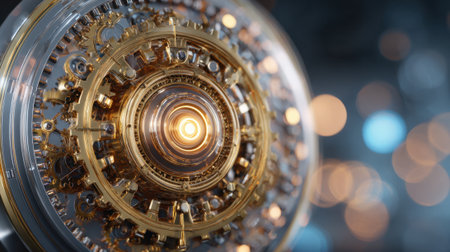 Mesmerizing golden gears shine brightly in a detailed close up emphasizing precision and artistry.の素材