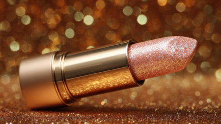 Pink lipstick shines brightly against a backdrop of golden sparkles creating a glamorous vibe.の素材