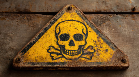 A weathered yellow warning sign displaying a skull and crossbones rests on a rustic wooden surface. The sign shows signs of age and wear, emphasizing caution.の素材