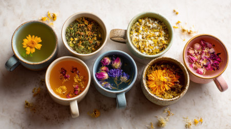 Brightly colored cups filled with herbal teas and flower petals sit on a marble table. The warm morning light highlights the vivid hues of each cup, creating a serene atmosphere.の素材