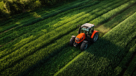 A bright orange tractor moves steadily through lush green rows of crops under a clear sky. The vibrant field displays healthy plants growing in neat lines, showing agricultural activity.の素材