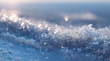 Delicate ice crystals glisten in the soft morning light, creating a beautiful scene on a cold winter surface. The frost showcases nature's artistry through its unique formations.の素材