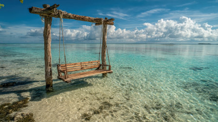 A wooden swing hangs from a rustic frame, positioned over shallow turquoise water. The peaceful scene is enhanced by a bright blue sky and fluffy white clouds.の素材