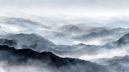 Layers of fog blanket the mountains creating a serene and peaceful landscape at dawn.の素材