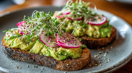 Freshly made avocado toast decorated with radishes and sprouts served in a warm inviting cafe ambiance.の素材