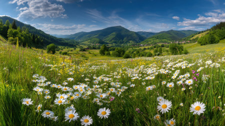 Wildflowers bloom in a vibrant meadow surrounded by lush green hills. Soft clouds drift across the blue sky, creating a peaceful afternoon landscape.の素材