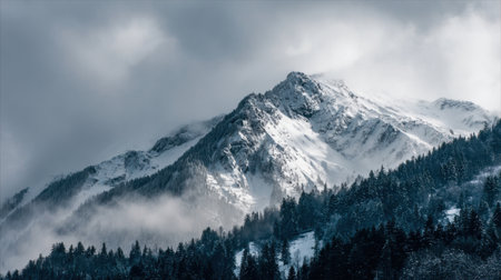 Snow blankets the rugged mountain peaks against a dramatic sky filled with clouds. Dense forests lie at the base, creating a serene winter scene in the Alps.の素材