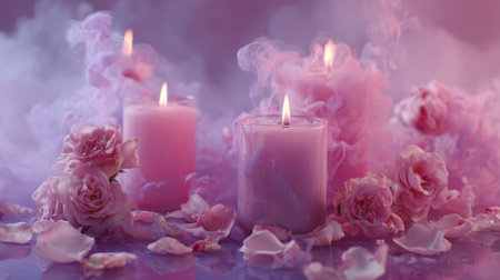 Soft pink candles burn gently amid scattered rose petals, enveloped in delicate mist. The warm light and floral details create a tranquil and romantic ambiance.の素材