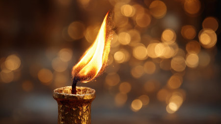 A vibrant flame flickers atop a candle, casting a warm glow and creating a cozy atmosphere surrounded by softly blurred golden lights. The scene evokes tranquility and calmness.の素材