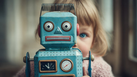 A young child with blonde hair playfully holds a classic tin robot toy in a warm indoor space, revealing only part of their face, expressing curiosity and joy.の素材