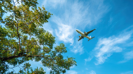 An airplane soars high above lush green trees, set against a bright blue sky with fluffy white clouds. It is a beautiful day, perfect for flying.の素材