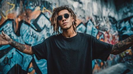 A young man with dreadlocks stands in front of a vibrant, graffiti-covered wall. He wears black sunglasses and a loose black t-shirt, showing a relaxed urban style.の素材