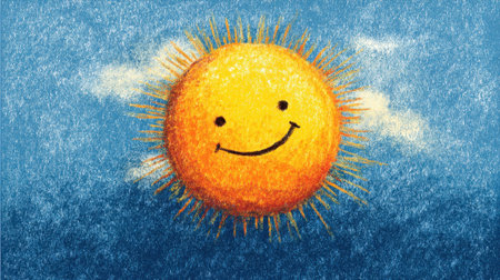 A cheerful sun with a smile is seen in the sky, surrounded by soft clouds and a vibrant blue background. The sunny scene creates a sense of joy and warmth.の素材