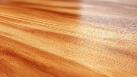 The scene captures a close-up view of a polished wooden surface showing intricate grain patterns. Soft light reflects off the surface, enhancing the warm tones.の素材