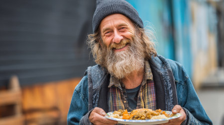 A joyful man wearing a beanie stands outdoors in a city, smiling broadly while holding a plate of food. The vibrant colors of the background enhance the uplifting mood.の素材