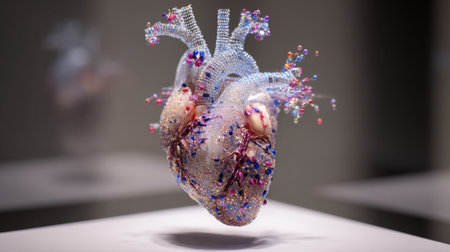 A heart shaped sculpture intricately crafted with vibrant colors floats in a bright gallery space.の素材